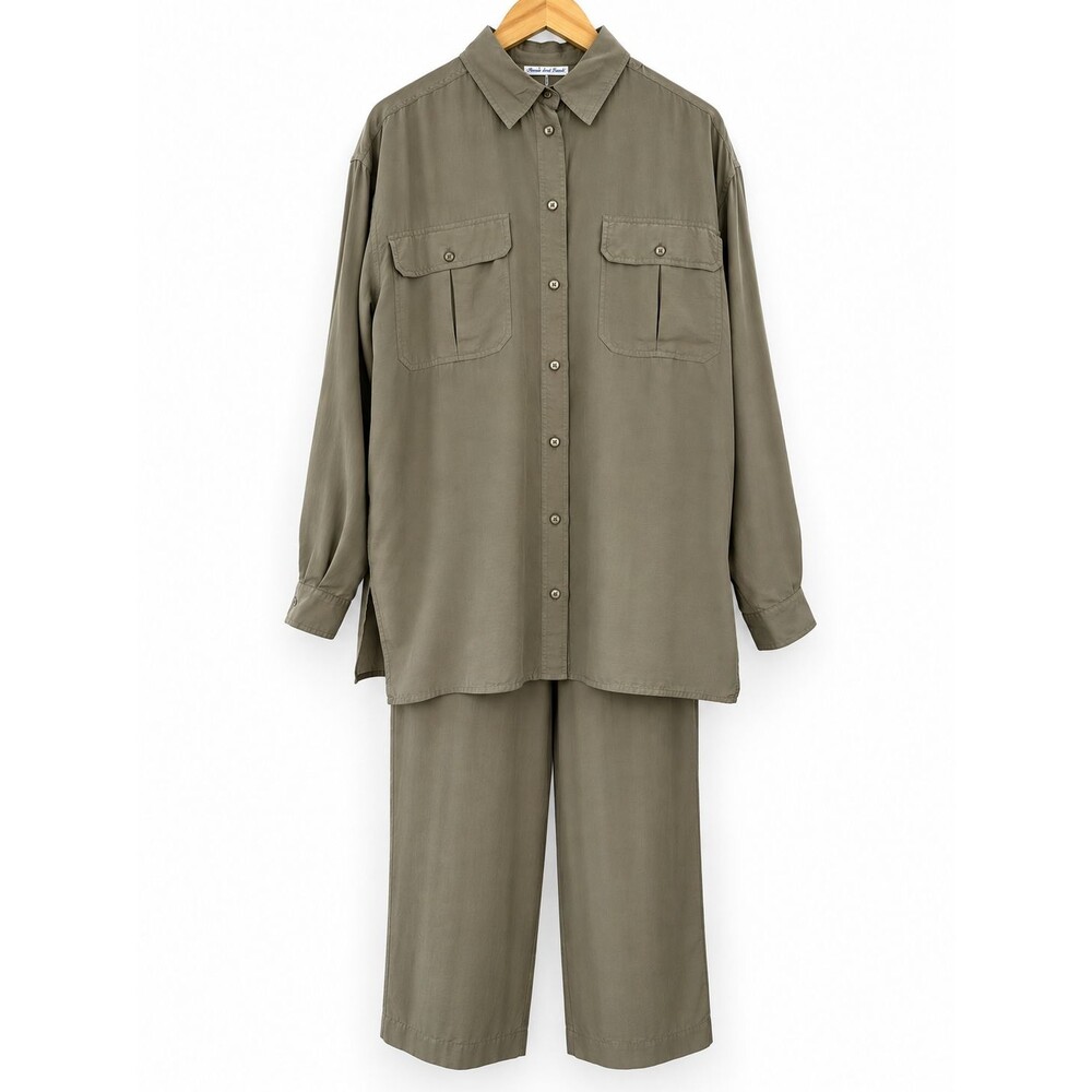 Vintage Anna and Frank 100% Silk 2 Piece Set Womens L Taupe Gray Shirt Pants